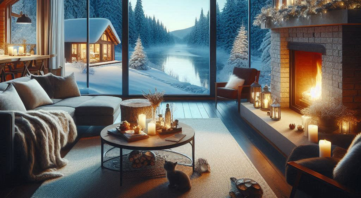 Living room with snow-covered windows